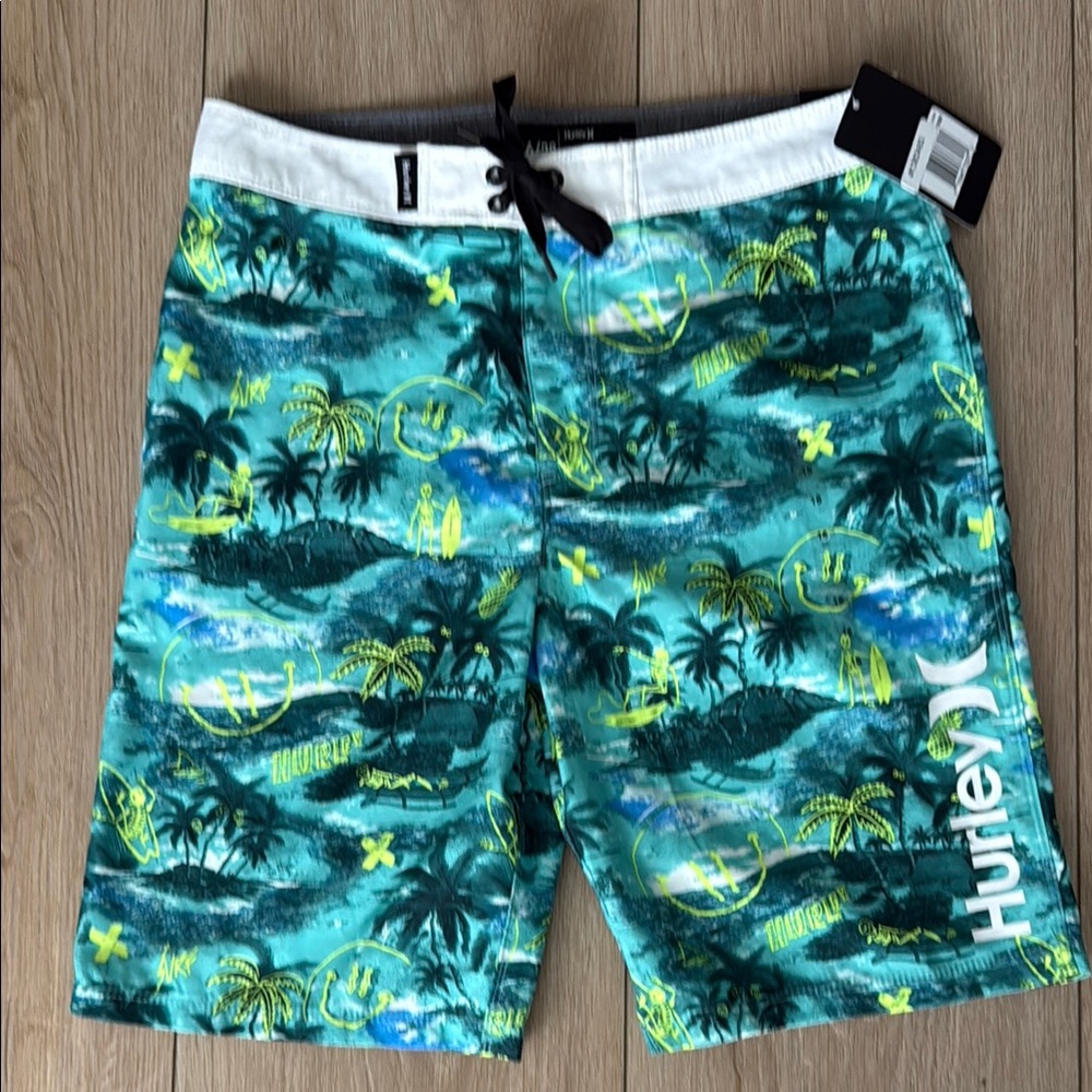 Hurley Boys Green and Yellow Board Shorts in Tropical Doodle Sz 16 NWT
